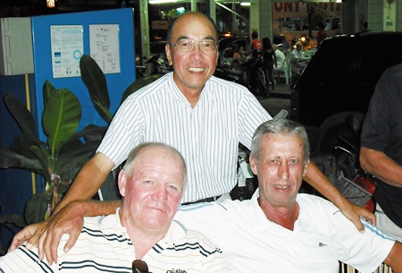 Hole in one hero Rab McDonald (front left), with Wednesday winner Geoff Parker (right) and Mashi Kaneta, Monday’s A Flight winner (standing rear).